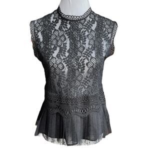Zara Floral Lace Pleated Blouse Black Size Medium